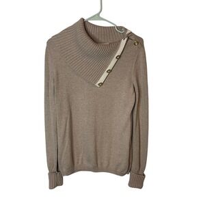 Banana Republic Women Beige Cotton Asymmetrical Button Cowl Neck Sweater Medium